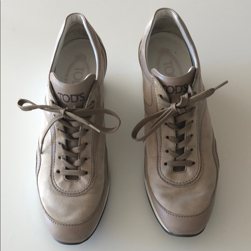 Beige & white Tods wedge sneakers. Great shape
